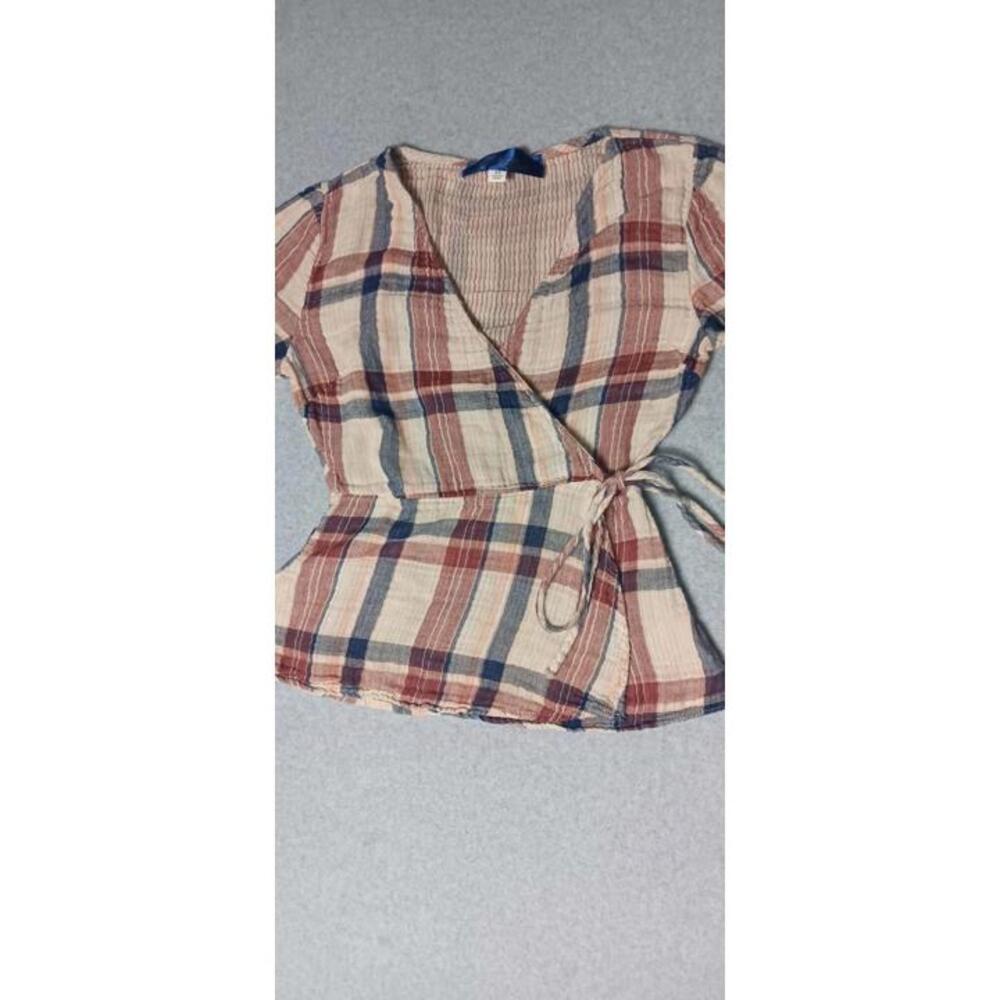 Blue Rain Anthropologie 3/4 Sleeve Wrap Shirt Womens Size XS Brown And Red Plaid - Picture 4 of 11